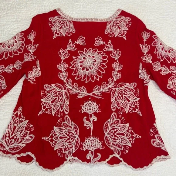 Anthropologie Solitaire -Red/White Embroidery 3/4 Length Sleeve. Bohemian. Small - Picture 7 of 8